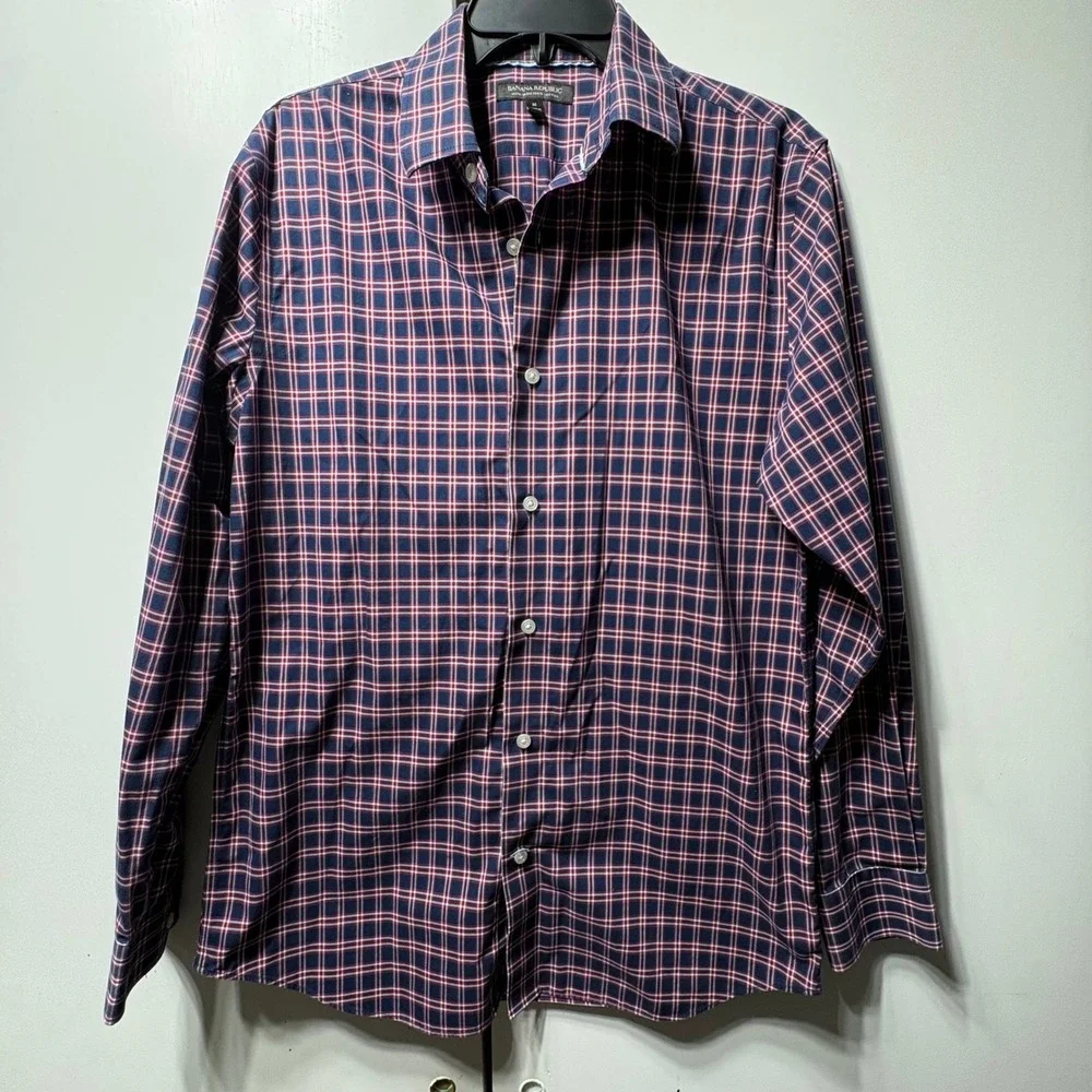 Banana Republic Mens Shirt Lot 6 Medium Blue Red Plaid Dot Cotton Non-Iron